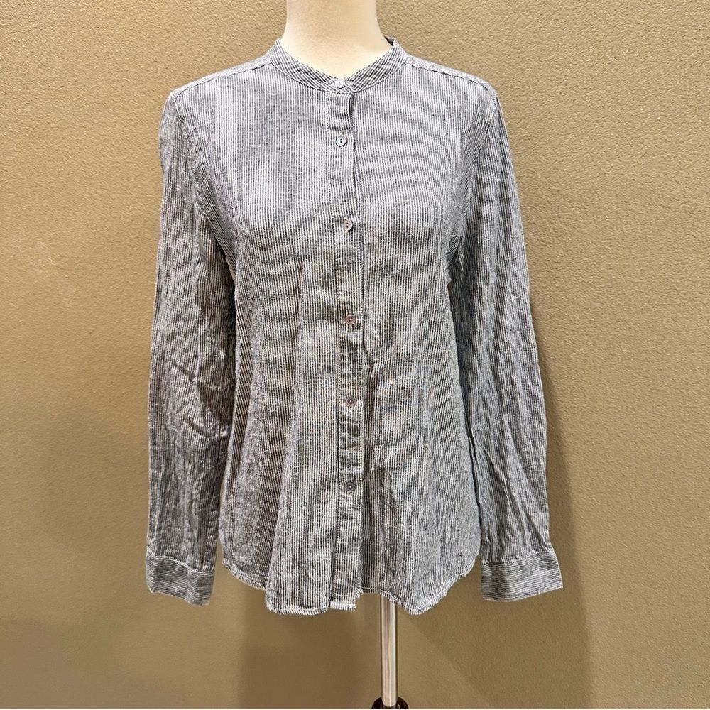 Button-Up Shirt Eileen Fisher Navy Striped Organic Cotton Hemp Mandarin Collar - Picture 4 of 15